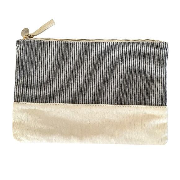 Clare V. Large Flat Black Gray Stripped Fabric & Ivory Leather Clutch - Picture 2 of 7